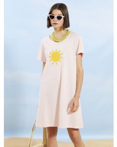 Crew Neck Printed Short Sleeve Cotton Women's Beach Dress