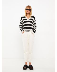 Polo Neck Striped Long Sleeve Women's Tricot Sweater