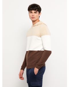 Hooded Long Sleeve Men's Tricot Sweater with Color Block