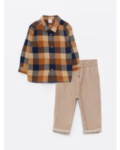 Long Sleeve Plaid Patterned Baby Boy Shirt and Trousers 2-Pack Set