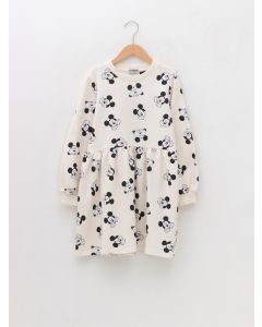 Crew Neck Mickey Mouse Printed Long Sleeve Girl Dress