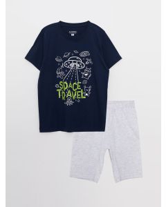 Crew Neck Printed Short Sleeve Boy's Short Pajamas Set