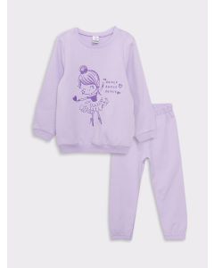 Crew Neck Long Sleeve Printed Baby Girl Sweatshirt and Trousers 2-Pack Set