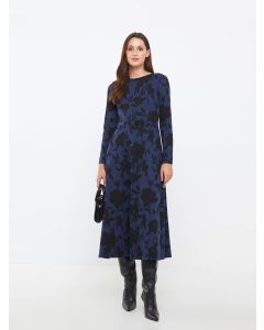 Crew Neck Floral Long Sleeve Crepe Women's Dress