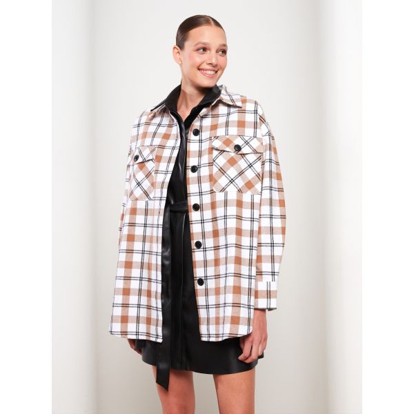 Buttoned Plaid Long Sleeve Tweed Women's Shirt Jacket