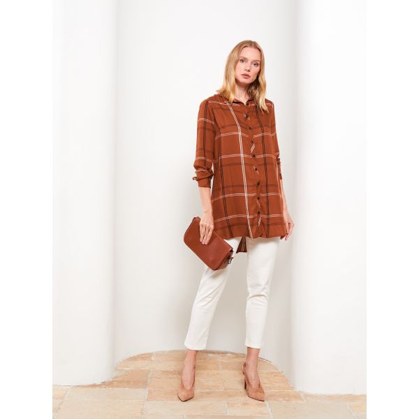 Shirt Collar Plaid Long Sleeve Viscose Women's Tunic.