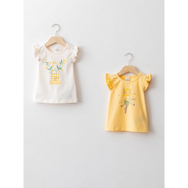 Crew Neck Short Sleeve Printed Cotton Baby Girl T-Shirt 2 Pieces