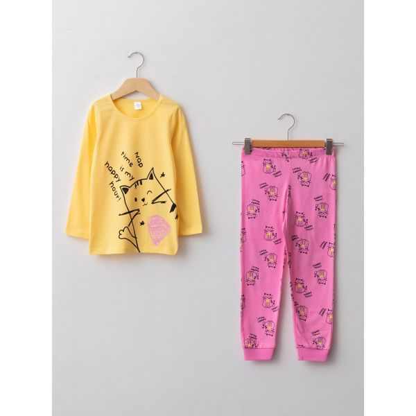 Crew Neck Printed Long Sleeve Girl Pajama Set