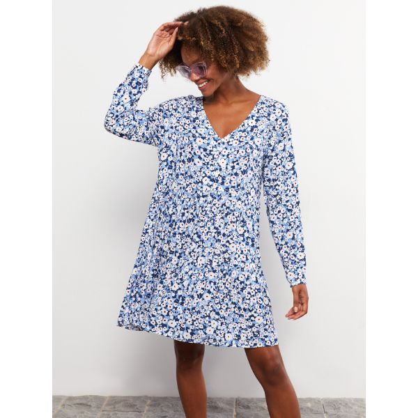 V Neck Patterned Long Sleeve Viscose Women's Dress
