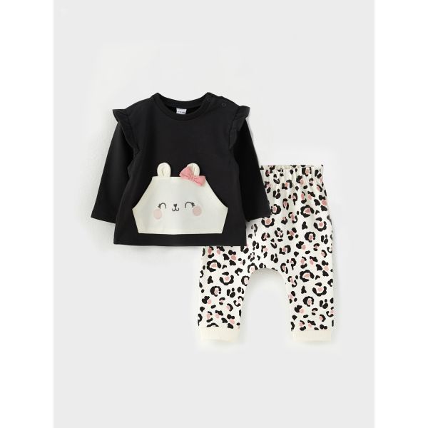 Crew Neck Long Sleeve Printed Baby Girl Sweatshirt and Trousers 2-Pack Set