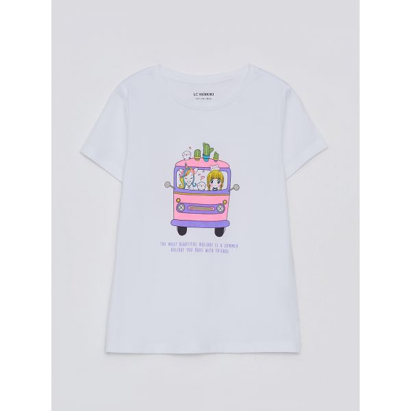 تيشيرت نسائي قطن مطبوع بكم قصير وفتحة رقبة مستديرة