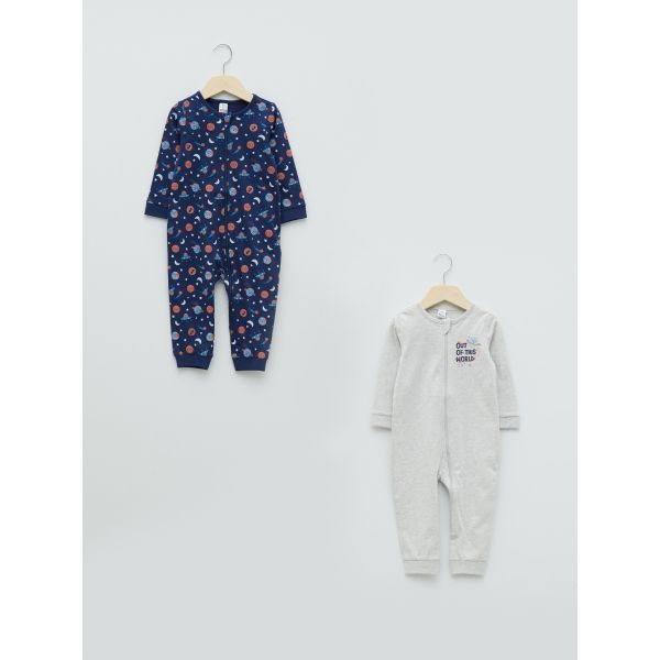Crew Neck Long Sleeve Printed Baby Boy Zipper Jumpsuit 2-Pack