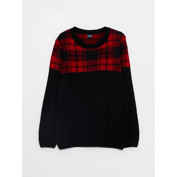 Crew Neck Plaid Long Sleeve Boy Tricot Sweater