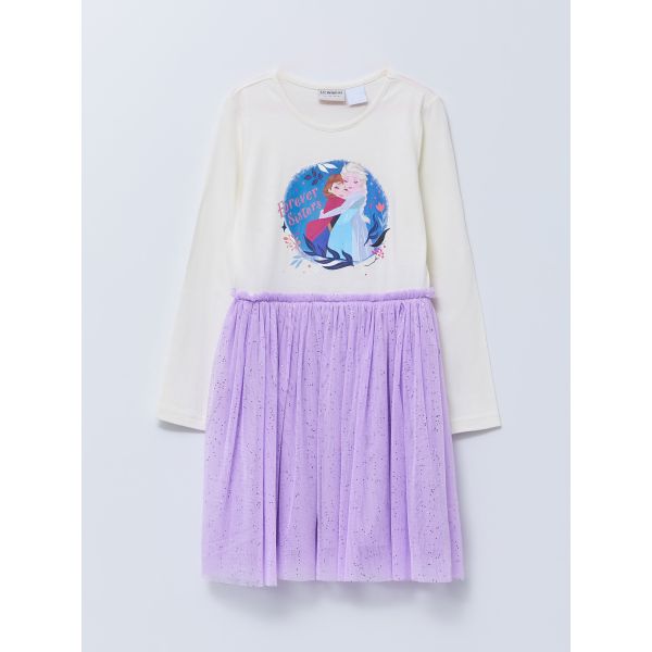 Crew Neck Frozen Printed Long Sleeve Girl Dress