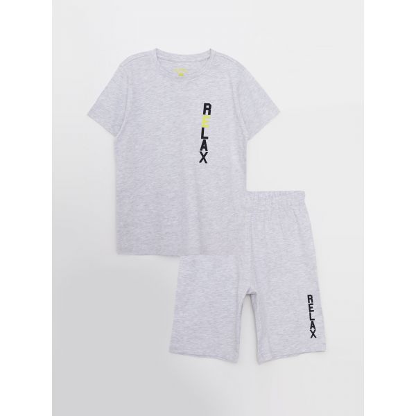 Crew Neck Printed Short Sleeve Boy's Short Pajamas Set