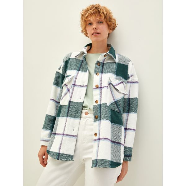 Front Button Closure Plaid Long Sleeve Gabardine Fabric Women's Lumberjack Shirt Jacket