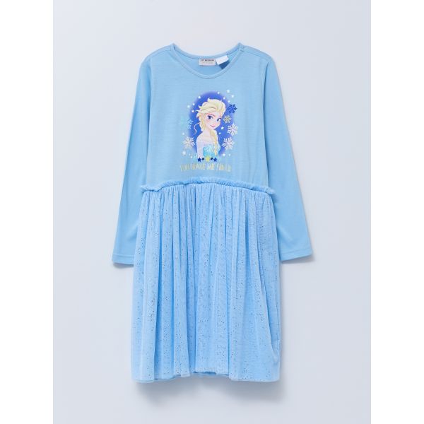 Crew Neck Elsa Printed Long Sleeve Girl Dress