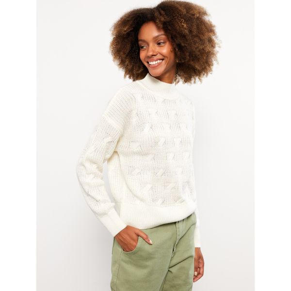 Turtle Neck Self Patterned Long Sleeve Women's Tricot Sweater