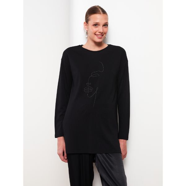 Crew Neck Stone Embroidered Long Sleeve Women's Tunic