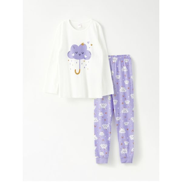 طقم بيجاما بناتي بياقة دائرية وأكمام طويلة