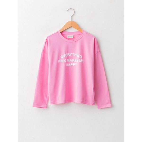 Crew Neck Printed Long Sleeve Cotton Girl T-shirt