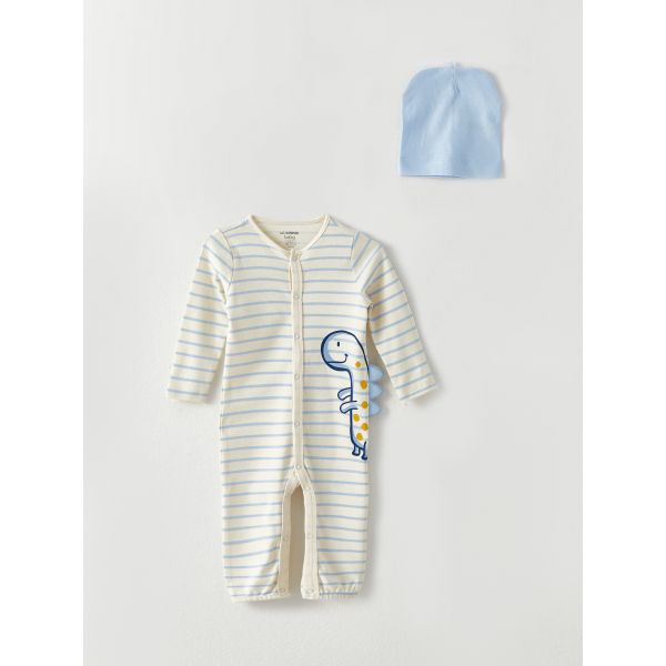 Crew Neck Long Sleeve Striped Baby Boy Rompers and Beanie 2-Piece Set