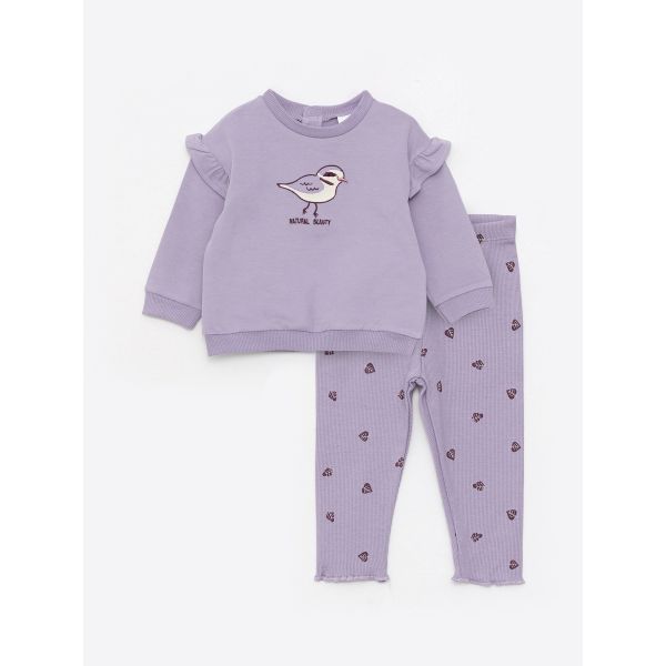 Crew Neck Long Sleeve Printed Baby Girl Sweatshirt and Tights 2-Pack Set