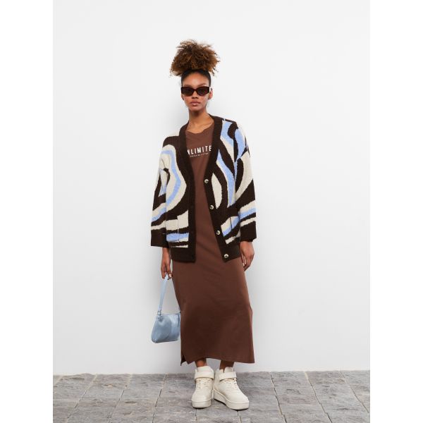 V Neck Patterned Long Sleeve Women's Tricot Cardigan