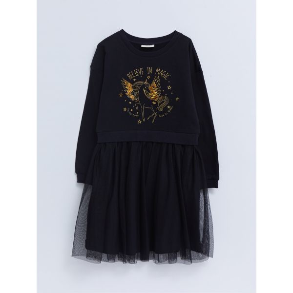 Crew Neck Printed Long Sleeve Girl Dress