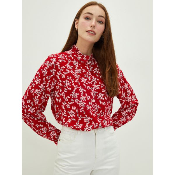 Ruffle Collar Floral Long Sleeve Viscose Women's Shirt