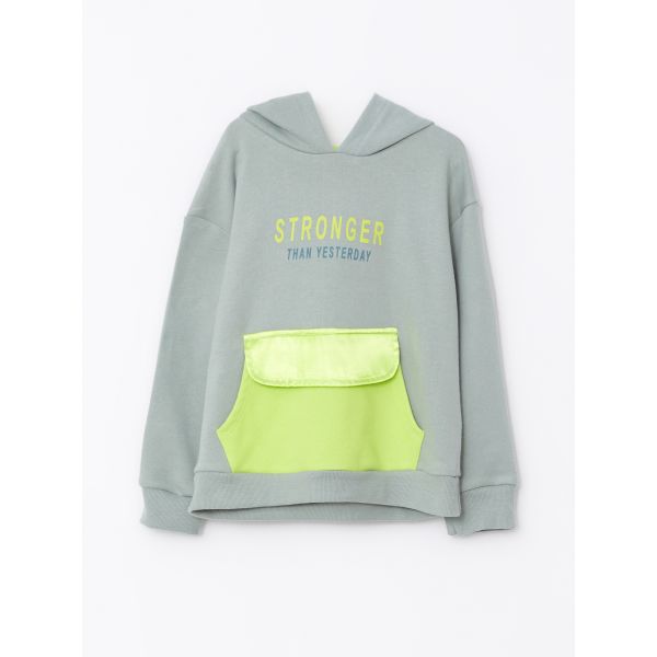 سويت شيرت بناتي مطبوع بكم طويل وغطاء للرأس وسحاب للإغلاق