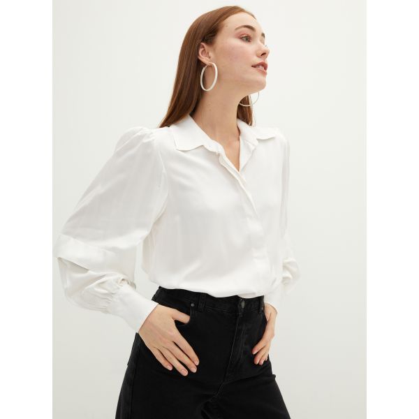 Front Button Closure Straight Long Sleeve Viscose Women's Shirt