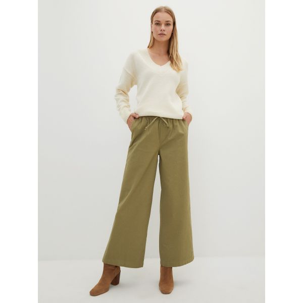 Elastic Waist Standard Fit Pocket Detailed Wide Leg Women's Trousers