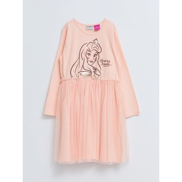 Crew Neck Disney Princess Printed Long Sleeve Girls Dress