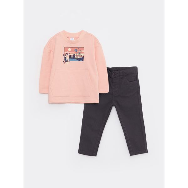 Crew Neck Long Sleeve Printed Baby Boy Sweatshirt and Trousers 2-Pack Set