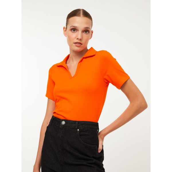 Polo Neck Straight Short Sleeve Women's T-Shirt