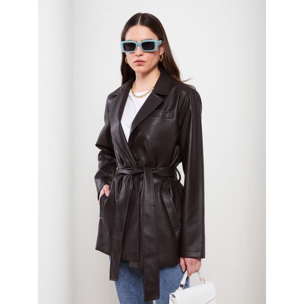 Jacket Collar Straight Long Sleeve Women's Leather Look Coat