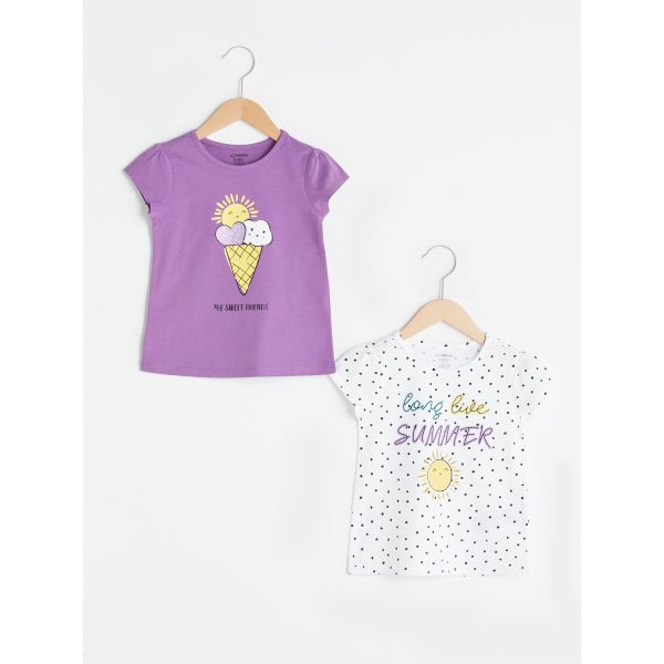 Crew Neck Short Sleeve Printed Cotton Baby Girl T-Shirt 2 Pieces