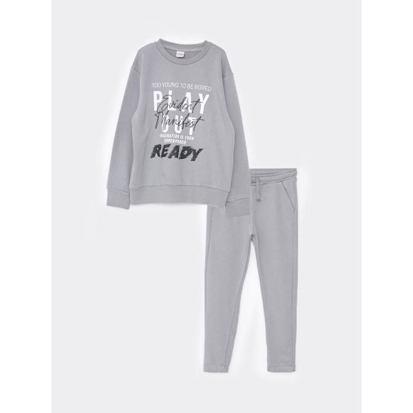 Crew Neck Printed Long Sleeve Boy Sweatshirt and Sweatpants